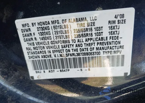 2008 Honda Odyssey Ex-L z USA, uszkodzony, nr VIN 5FNRL38728B063700